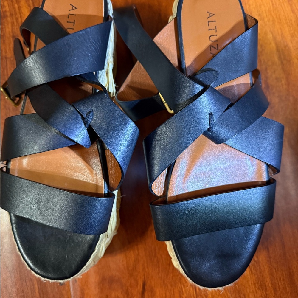 Altuzarra Black Leather Crisscross Espadrille Sandals
